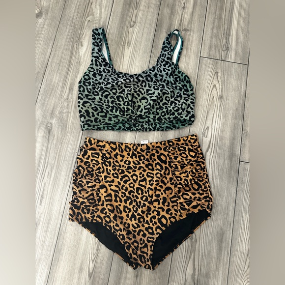 Green Leopard Print Bikini Top with Black High-Waist Bottom - Women's Swim Set - Picture 2 of 3